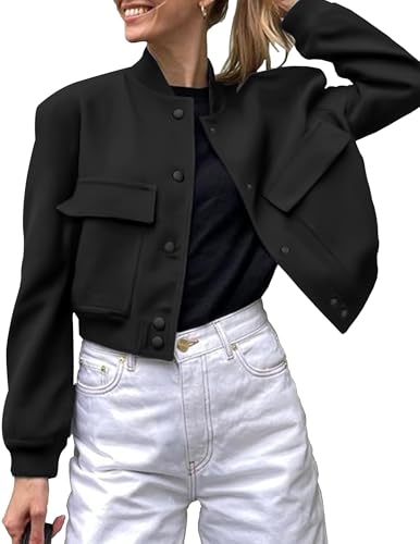 Zeagoo Women Bomber Jacket Casual Trendy Fall Coat Varsity Shackets Fashion Outfits with Side Pockets Black