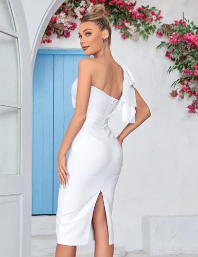 Image of Mesh One Shoulder Bow Bodycon Midi Graduation Birthday Dinner Dress Bandage Party Dress