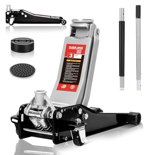 TEENO Cric Hydraulique 3T | Cric Voiture | Hauteur de Levage 75-500 mm | Double Piston + 2X Supports en Caoutchouc | roulettes 360° | Leve Voiture pour Entretien et Changement de Pneus