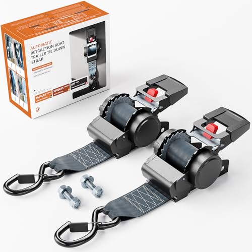 WELLUCK Retractable Ratchet Tie Down Straps for Boat Trailer Jetski Heavy Duty 3300lbs Break Strength with Transom Bolt-On 2 x 72 Inch 2-Pack