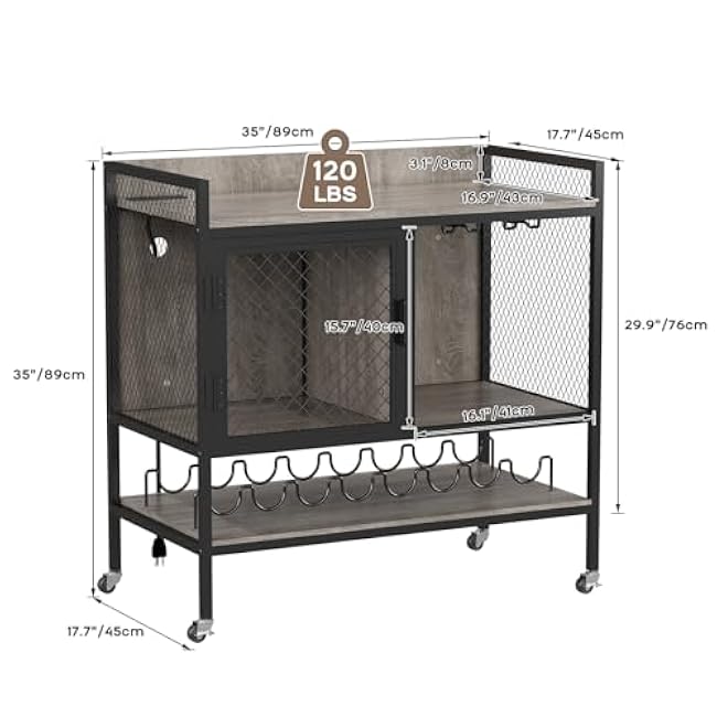 Wine Bar Cabinet with Power Outlets and Wheels, Liquor Sideboard with Mesh Door, Buffet Cabinet with Wine Racks & Glass Holder, for Home, Grey-AywEsG16