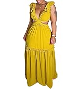 NRTHYE Women Summer Ruffles V-Neck Lace Up Open Back Maxi Long Dress Causal Beach Holiday Dresses