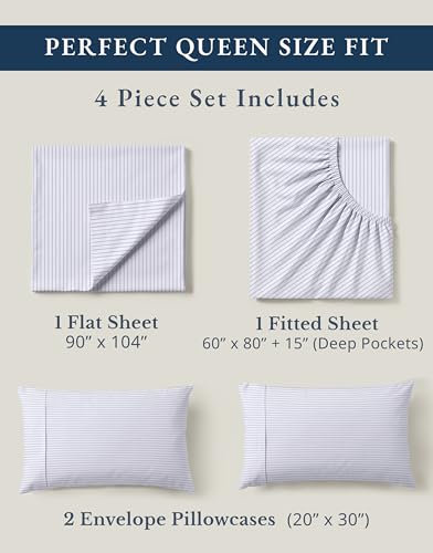 Image of LANE LINEN 100% Organic Cotton Sheet Sets Queen Size, 4Pc Queen Size Cotton Sheets, Hotel Style Sheets, Bedding Sheets & Pillowcases, Queen Sheet Sets Deep Pockets Fits Upto 15 inch - Blue Ticking Stripe