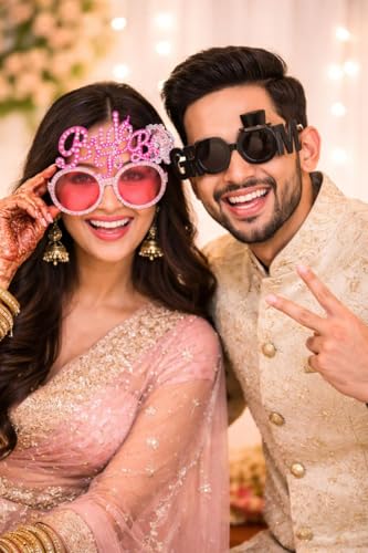 Image of AMFIN {Pack of 2) Bride to Be & Groom Sunglasses for Wedding | Bridal Shower Couple Glasses with Rhinestones | Engagement Mehndi Bachelorette Props | Photo Booth - Pink Black