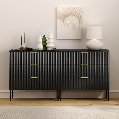 MoomJiee Fluted 3 Drawer Dresser Set of 2, Wood Chest of Drawers with Storage Modern Wide Nightstand Bedside with Metal Legs and Handles for Bedroom Living Room Hallway, Black Cover