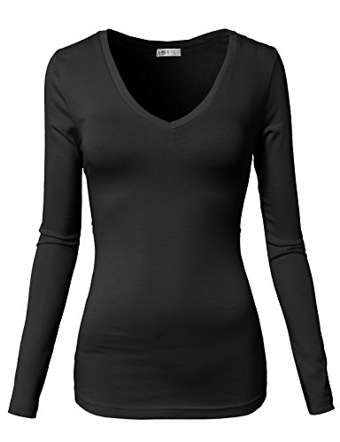 H2H Womens Loose Fit Soft Long Sleeve V Neck Cotton T-Shirt Black US S/Asia S (CWTTL0172)