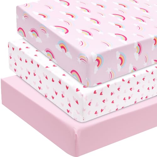 Image of david's kids 3 Pack Fitted Crib Sheets, Ultra Soft Breathable Comfortable Baby Sheet Set for Girls Neutral, 28x52 Inch Fits Standard Crib and Toddler Mattresses, Rainbow