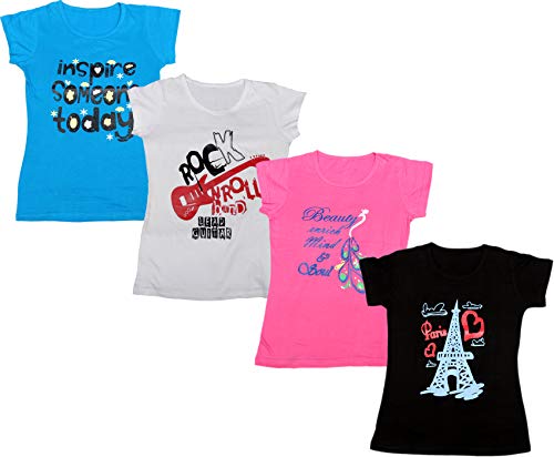 Image of indi weaves Girls Pure Cotton Chest Printed Half Sleeves Round Neck T-Shirts (Pack of 4)