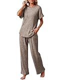 Famulily Wide Leg Loungewear Sets for Women UK Ribbed Knit Leisure Suits Short Sleeve Top and Soft Bottoms Pajamas Nightwear 2 Piece Outfits (L, Coffee)