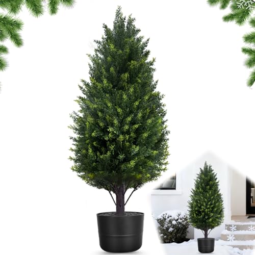Artificial Cedar Topiary Tree Outdoor Indoor Set of 2, 2.3FT Faux Cypress Christmas Trees Fake Pine...