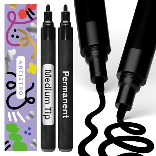Image of ARTISTRO 2 Black Permanent Marker - Waterproof Markers for Tire, Fabric, Rocks, Glass, Ceramic, Wood, Paper - Oil Based Paint Pens - Medium Tip 3mm
