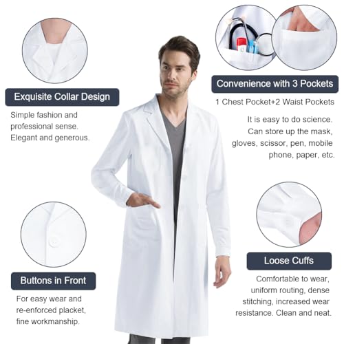 AUYAO Weiß Laborkittel Ärztemantel Damen Herren Laborkittel Chemie Kittel Labormantel Schutzkleidung für Labor Mantel Hygiene Langarm Medizin Mantel mit Knöpfen und 3 Tasche Kittel Junge Mädchen(XL)