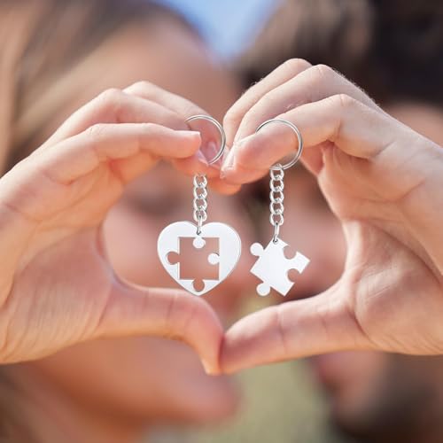 Image of 2PCS Couple Keychain, Romantic Gifts for Couples, Jigsaw Puzzle Matching Keychain with Display Card, Great Gifts for Couple, Valentine's Day Gifts for Him Her, Silver Keychain Accessories