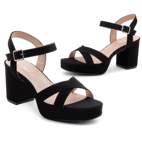 Image of Shoe Land Platform Heels for Women - 3 Inch Chunky Block Heeled Sandals, Square Open Toe, Ankle Strap Dressy Strappy High Heels for Wedding, Party & Evening Events