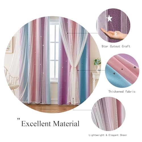 Image of indistar Dreamy Star Cutout Blackout Curtains with White Sheer,Double Layer Curtains for Girls Bedroom, Hollow Out Drapes for Nursery (2 Panel,52Wx95L,Purple Pink Blue)