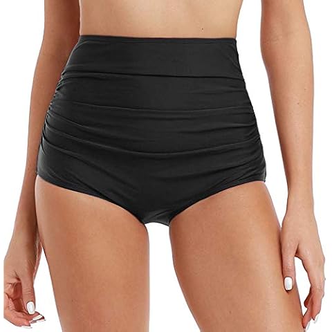 Mycoco Women's High Waisted Bathing Bikini Bottom Shirred Swim Shorts Black 20 Cover