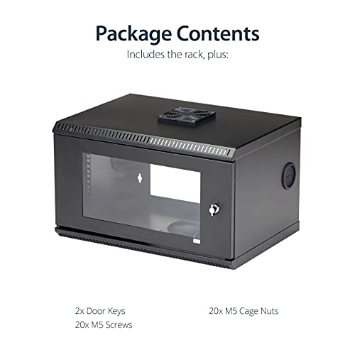 Image of StarTech 6U Wall-Mount Cabinet, 19in, 2-Post, 11in Deep, 110lb (RK619WALL) | Enclosed locking server rack kit for data equipment, Max depth 11.2in, Heavy-duty steel, Includes 1U shelf