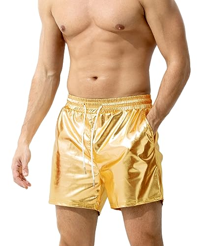 Casey Kevin Mens Metallic Shorts Reflective Rave Shorts with Pockets Gold Shiny Party Shorts Men Fancy Dress Funny Shorts for Party Nightclub Music Festival Stag Do L