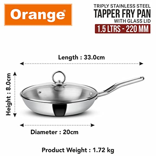 Image of Orange Triply Stainless Steel Fry Pan with Riveted Cast Long Handle with Glass Lid |1.5 Litre, 22 cm Diameter | Heavy Bottom | Gas top and Induction Bottom Friendly | 5 Year Warranty