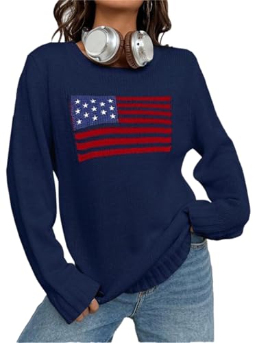 Women's Flag Pattern Long Sleeve Round Neck Sweater Casual Loose Pullover Sweater Top