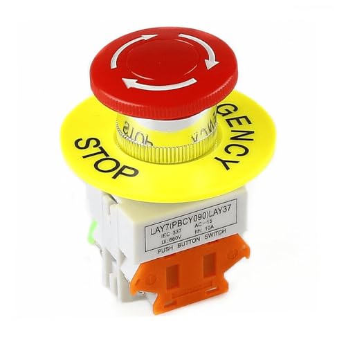 Interruptor de Botón de Presión para Parada de Emergencia, Seta Pulsador Emergencia, Botón para Emergencia, Instalación orificio de apertura 22 mm, NO + 1 NC DPST, 660V 10A