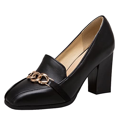 Elbslutt Women's Square Toe Chunky High Heeled Loafers Chain Block Heel Slip On Pumps Office Dress Shoes