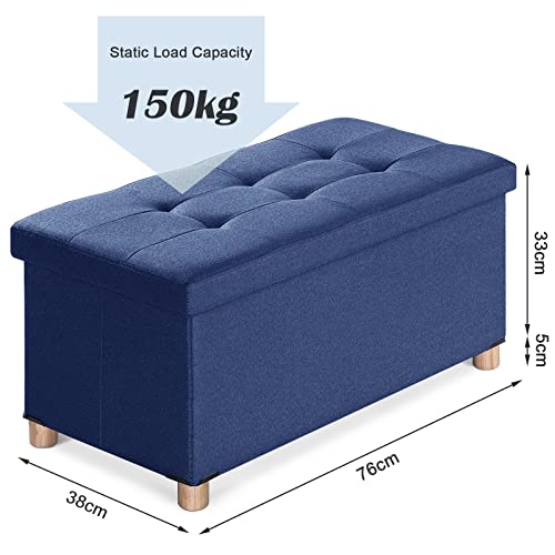 BRIAN & DANY Ottomaanse opbergdoos met 4 houten poten, linnen opbergpoef voor woonkamer, blauw, 76 x 38 x 38 cm - Afbeelding 4