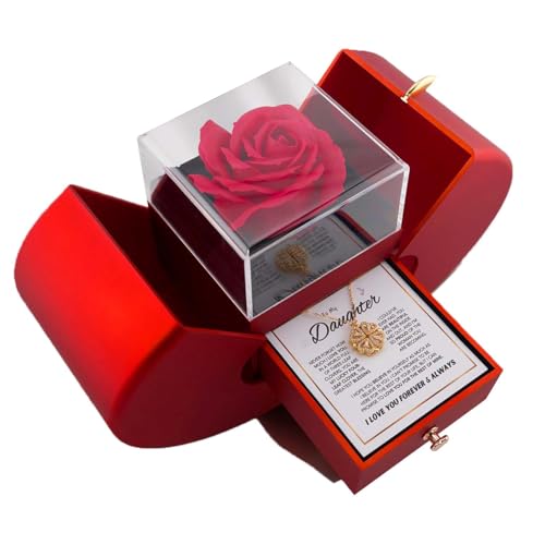 Daughter's 4-Leaf Clover Lucky Charm Necklace and Forever and Rose Gift Box, S925 Sterling Silver Necklace for My Daughter Four Leaf Clover, Birthday Gifts for My Daughter