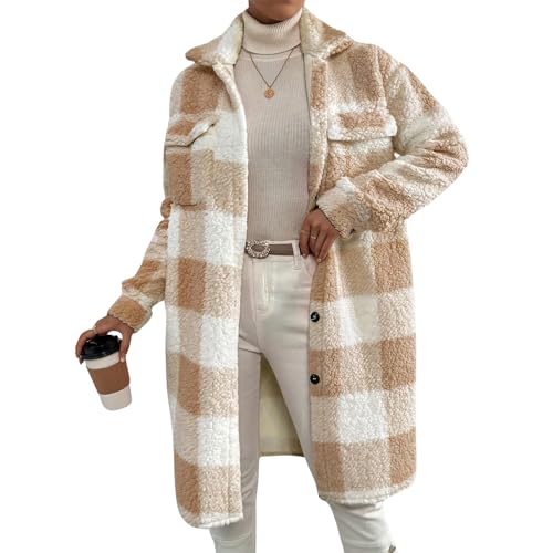 Amazon.com: Nkgra Womens Fuzzy Sherpa Long Jacket Plaid Shackets