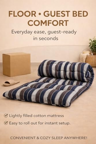 Image of Adim's Handmade Traditional Quilt Gadda Mattress, Blue Lining, 7x6 ft,Pure Cotton Fabric, Cotton Filled, Firm, Reversible Design, for Floor Sleeping and Bed Use