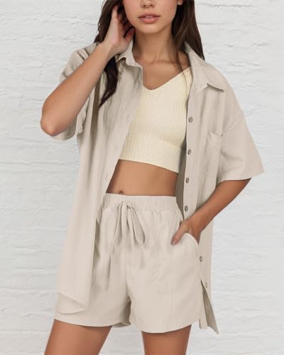Women's Summer Cotton Linen Shorts Set,Lounge & Beach Casual Outf...
