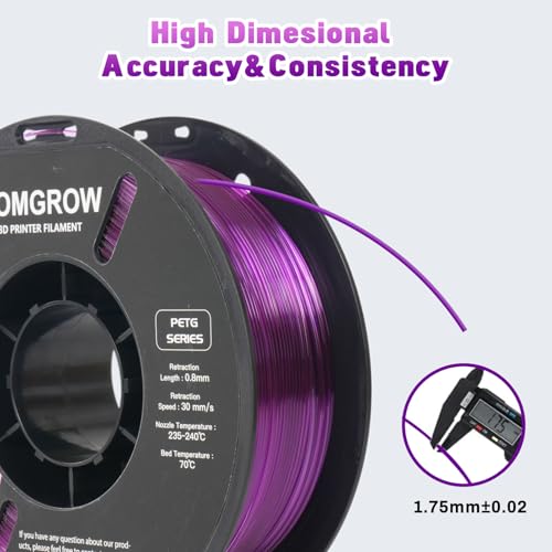 Image of Comgrow PETG 3D Printer Filament 1.75mm, High Precision and Tough 3D Printer Filament 1kg (2.2LBS), Dimensional Accuracy + /- 0.02 mm, Fit Most 3D Printers Gradient Purple White