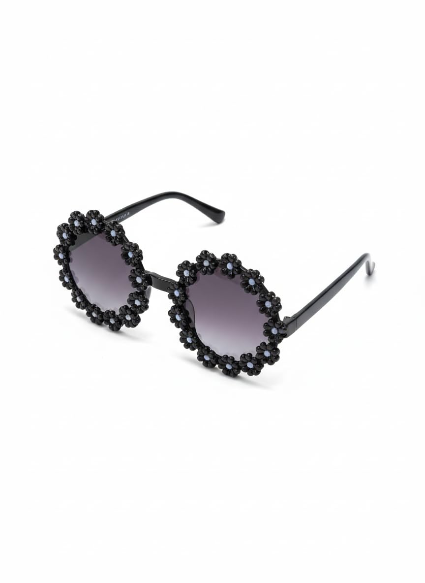 Floral Heart Shaped Sunglasses, Black Frame with Gradient Lenses, Decorative Flower Design, Fashion Eyewear-image-9