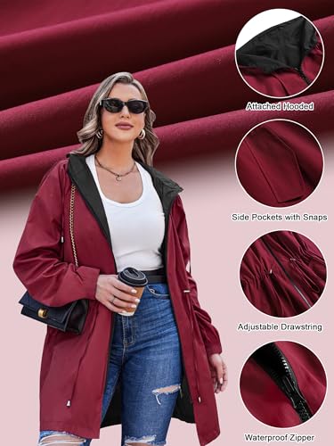 AOVDE Wine Red Plus Size Rain Jacket, Reversible Hooded Windbreaker for Women, Size 22 - Image 6