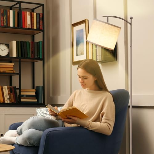 Image of Ambimall 60 inch Floor Lamp for Living Room with 3 Color Temperatures, Adjustable Beige Shade with Brown Pole, Tall Lamp for Bedroom Office Classroom Dorm Room, 9W Bulb Included