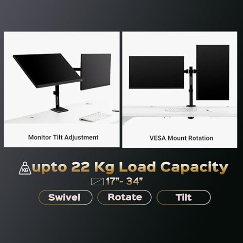 Image of iVOOMi Power Duo Black Dual Monitor Stand for Desk with VESA Mount, Adjustable Mechanical Monitor arm with Grommet Mounting Base for 15-34'' 2-22 kgs Screens, VESA Compliant Up to 100 x 100mm