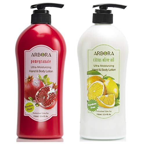 ARBORA Combo Pack of 2 Hand & Body Lotion, Citrus Olive Oil Plus Pomegranate, Jumbo Size 25.4OZ/750ML Paraben Free Natural Ultra-Moisturizing, K-Beauty Professional Massage Lotion Original from Korea