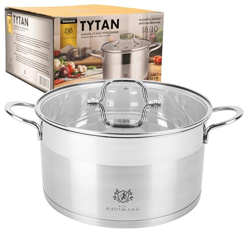KARL HAUSMANN Faitout Inox - 7.6L - 26 cm - Marmite Induction en Acier Inoxydable 18/10 - Casserole avec Couvercle en Verre - fait tout tous feux - Faitouts Avec Échelle de Mesure - Cocotte Inox