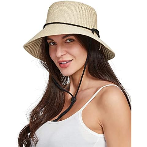 Gisdanchz Womens Straw Sun Hats Wide Brim Beach Hat for Women Ladies UPF 50 UV Sun Protection Packable Summer Bucket Hat with Chin Strap for Vacation Trip Travel Gardening Safari Planting, Beige Cover