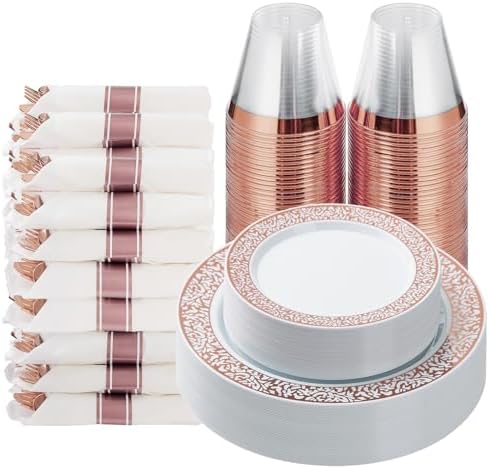 175 Piece Rose Gold Plastic Dinnerware Set for 25 Guests, Disposable Lace Plates for Party, Include: 25 Rose Gold Dinner Plates, 25 Lace Dessert Plates, 25 Pre Rolled Napkins with Silverware, 25 Cups 175 Piece Rose Gold Plastic Dinnerware Set for 25 Guests, Disposable Lace Plates for Party, Include: 25 Rose Gold Dinner Plates, 25 Lace Dessert Plates, 25 Pre Rolled Napkins with Silverware, 25 Cups
