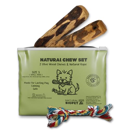 Mordedor Perro Pequeño,Talla S | 2 Palos Olivo + Cuerda | Mordedores 100% Naturales | Juguete Duradero | Elimina Sarro | Palos Bañados en Aceite de Oliva (15cm) | Cuerda de Algodón (18cm)