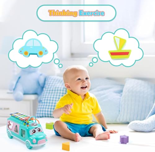 Image of PLUSPOINT Activity Bus Baby School Bus Xylophone Toy for Toddlers Musical Bus Toys for 1 Year Old Shape Puzzles Knocking Xylophone Educational Musical Toys, Birthday Gifts for Boys and Girls