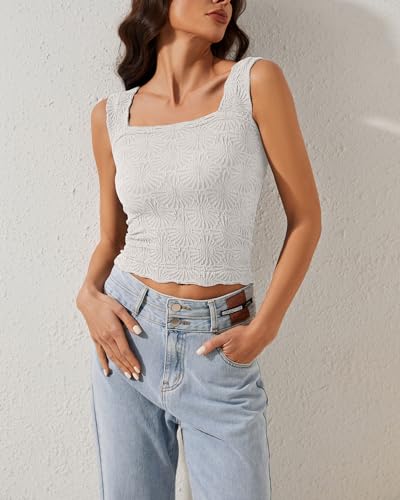 MISSACTIVER Women Square Neck Wide Straps Crop Tank Tops Casual Floral Sleeveless Lettuce Trim Slim Fit Crop Cami Vest Tops4