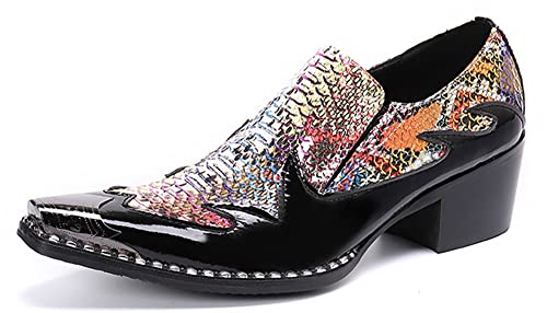 Santimon Men's High Cuban Heel Dress Loafers Metal Cap Fashion Leather Snake Print Ballroom Formal Party Dancing Nightclub Shoes for Men2