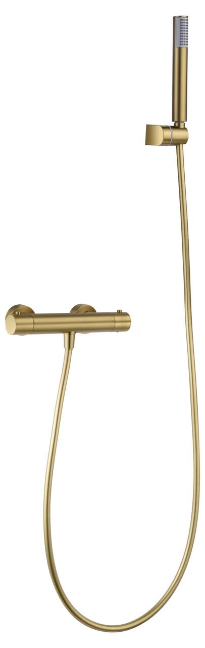 Mice - Grifería termostática para ducha con mango y flexo - Griferia de baño con sistema termostato para regular temperatura del agua de forma automática (Oro Mate)