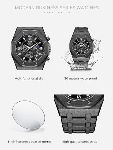 Image of OPK Men Analog Automatic Watches Waterproof Multifunction Chronograph Diamond Moon Phase Luminous Stainless Steel Band Wrist Watches