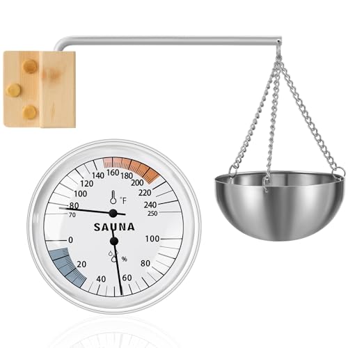 Relaxweex 2 Sets Sauna Thermometer and Aromatherapy Bowl Oil Cup Holder, 2 in 1 Fahrenheit Thermometer and Hygrometer 15 Minute Timer Sauna Accessories for Indoor Infrared Steam Saunas Room, Bath Spa