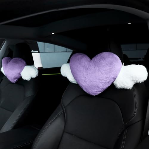 Macarrie 2 Pcs Plush Heart Shaped Pillow with Angel Wings Car Headrest Soft Comfortable Car Seat Pillow for Driving Travelling Room Office Car Decor, 19.7 x 8.3 Inch (Purple)