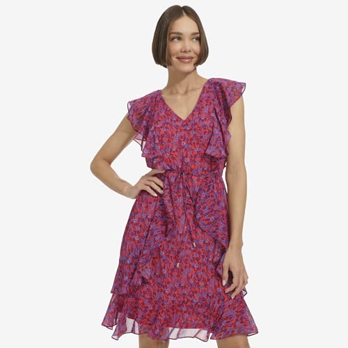 Image of Tommy Hilfiger Women's Sleeveless V-Neck Ruffle Trim Tie Waist Chiffon Mini Dress