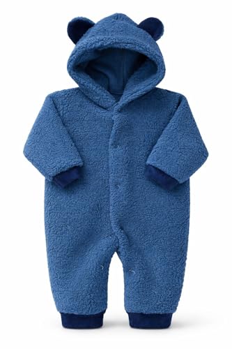 Era uma Vez Baby Bear Fleece Pramsuit Unisex Warm Hooded All-in-One with Ears Soft Sherpa Romper for Newborns & Toddlers (Deep Blue 3-6 MONTHS)